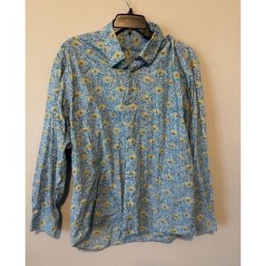 Alan Flusser Shirt Blue Yellow Floral Design 100% Cotton Button Up Mens XL